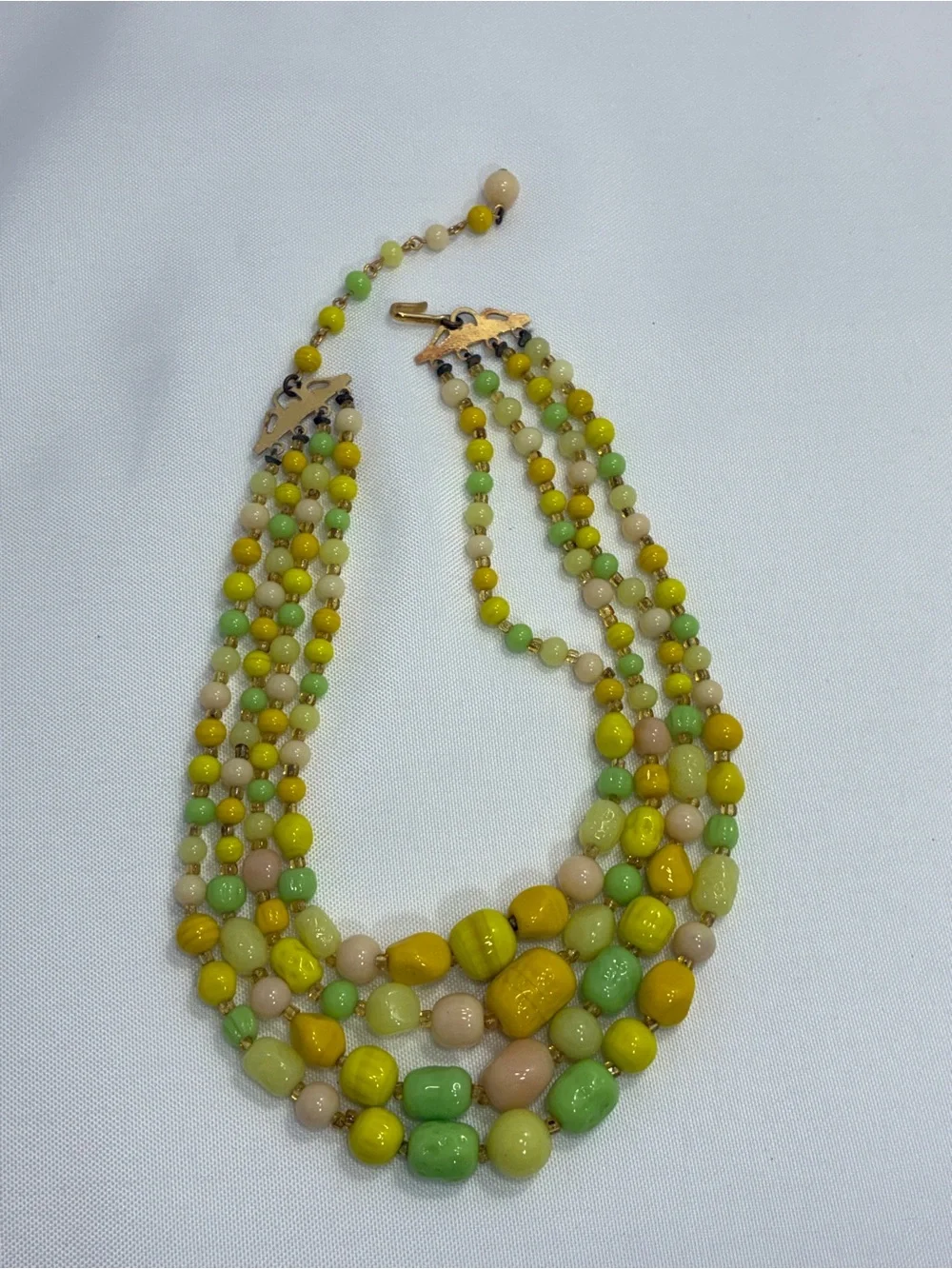 Vintage Multi-strand Pastel Bead Necklace - Yellow, Lime, Pale Peach Art Glass